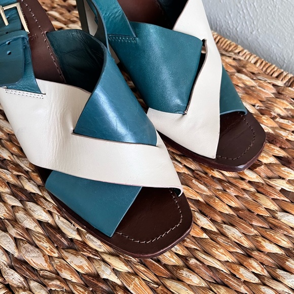 Tory Burch teal green white cream Colorblock Heel geometric sandal sling back 8 - Picture 2 of 10